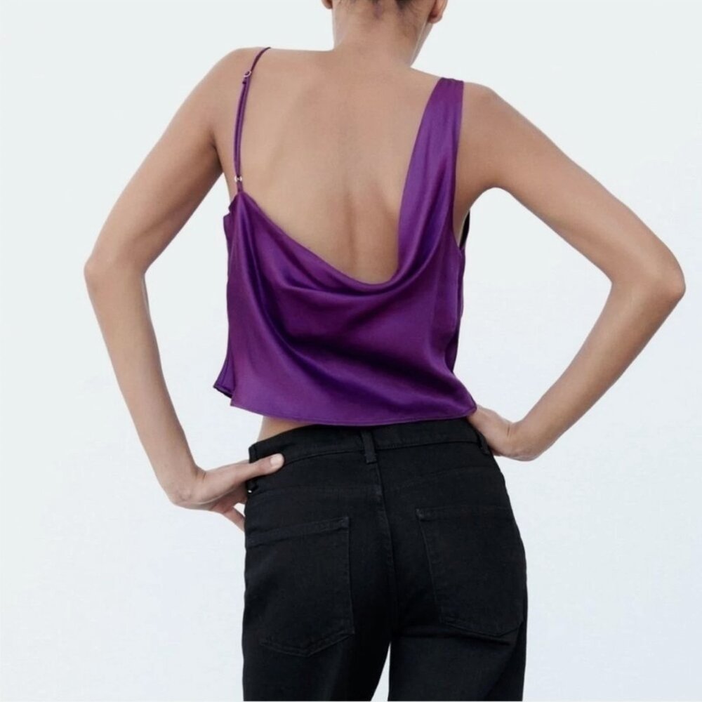 Zara Satin Asymmetrical Crop Top – Brand New with Tags NWT – Size S 💜 - Picture 4 of 12